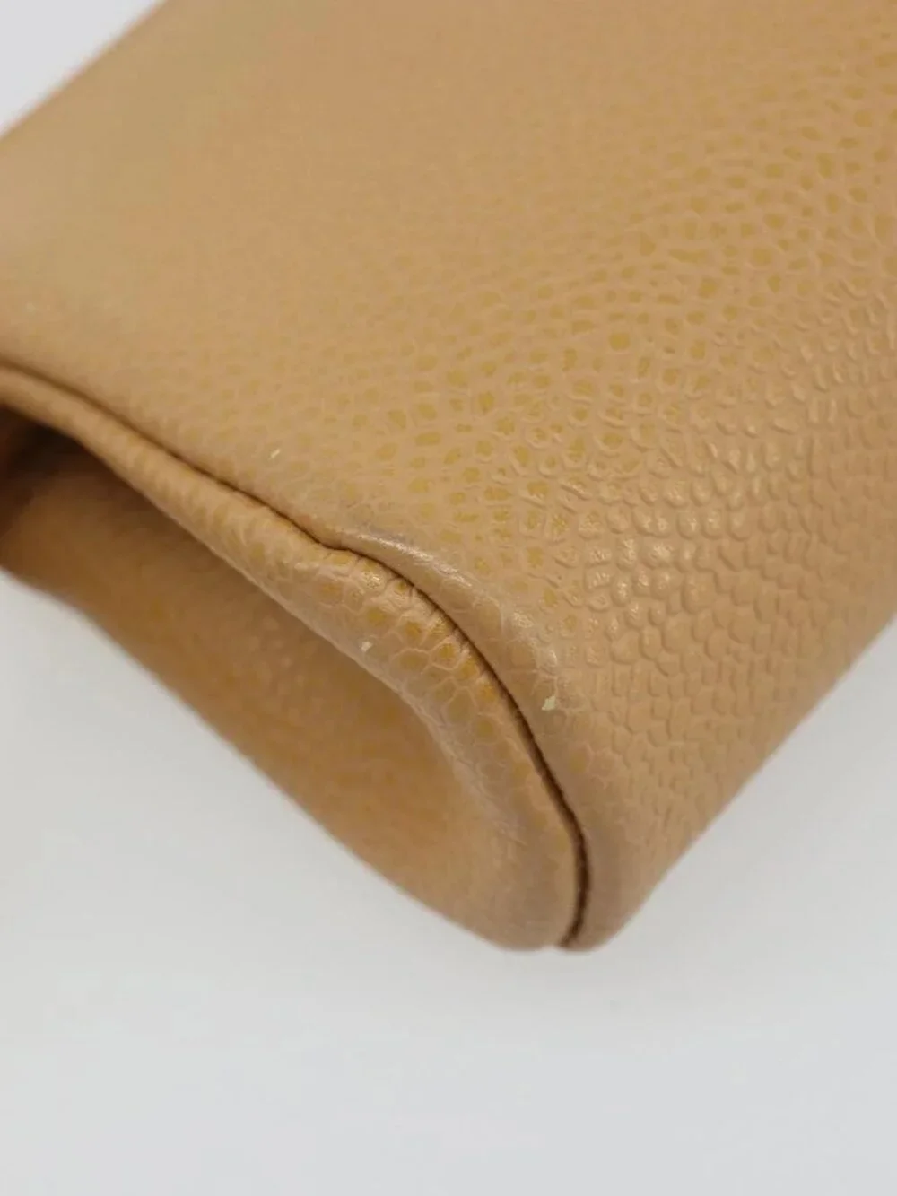 CHANEL COCO Mark Cosmetic Pouch Grained Calf Skin Beige Gold CC Auth 186407